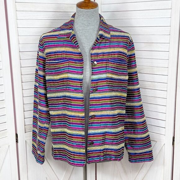Chico’s Vintage Rainbow Striped Silk Blend Shirt Jacket Shacket Multicolor Small - Picture 1 of 12